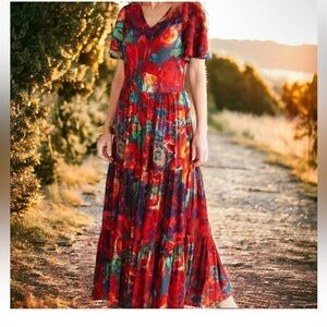 Soft Surroundings Printemps Maxi Dress X-Large‎ Multicolor Floral Tiered Boho